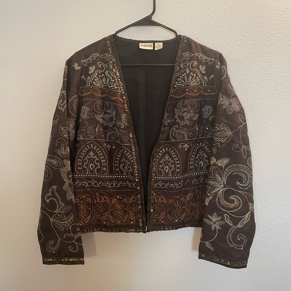 Chico’s Brown Bronze 100% Silk Embroidered Bead Light Open Jacket Sequin Size 1